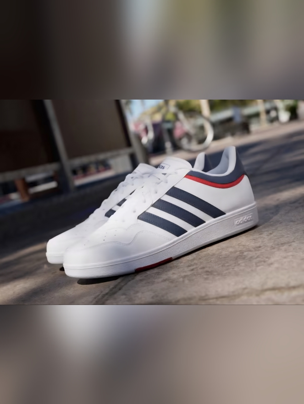 Adidas Men’s White Sneakers with Navy Stripes and Red Accent